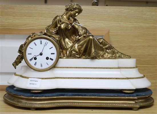 A late 19th century French gilt spelter and white marble eight day mantel clock height 32cm